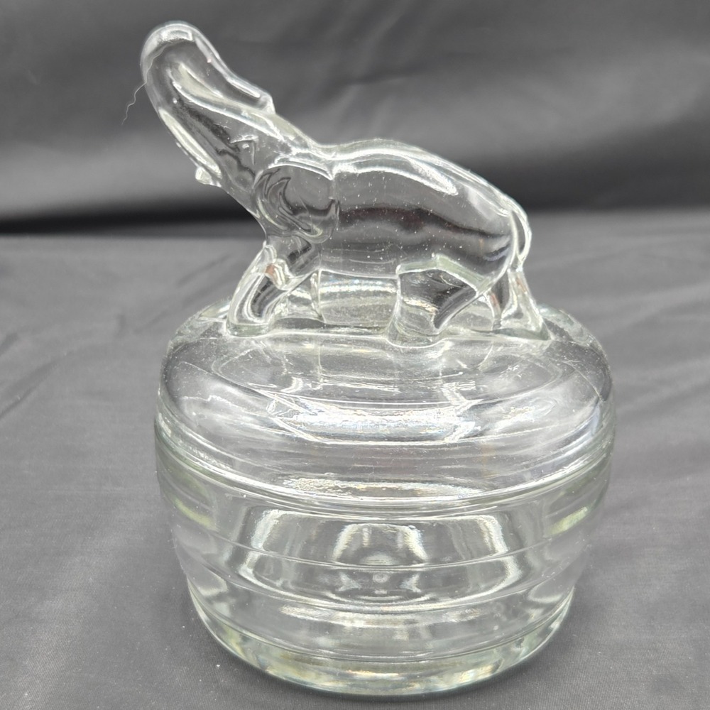 Vintage Jeanette Glass Elephant Powder Jar Trinket Candy Dish 5" Tall MCM Vanity
